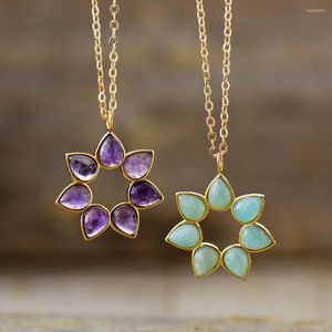 Anhänger Halsketten Schöne Amethysten Amazonit Blume Trendy Böhmen Natürliche Edelsteine Stein Kurze Halsreifen Schmuck Bijoux Großhandel