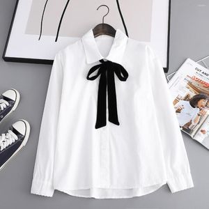 Kadınlar Blouses Koreli Sonbahar Siyah Velvet Bow Tie Beyaz Kadınlar Moda Tüm Maçlar Günlük Tatlı Pamuk Gömlek Kızlar Sevimli Giyim Üstleri