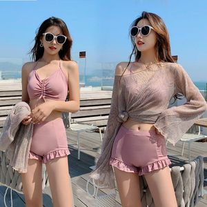 Women's Swimwear 2023 Spring Bathing Suit Split Bikini Long Sleeve Conservative Flat Corner Three Piece Student Swimsuit