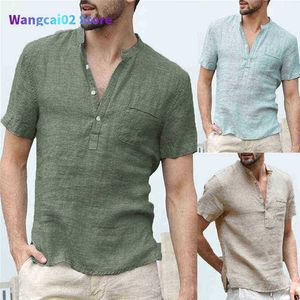 Camisetas masculinas de linho de linho masculino bot￣o casual de decote em V camisetas de linho de linho de algod￣o de algod￣o curto de manga curta.
