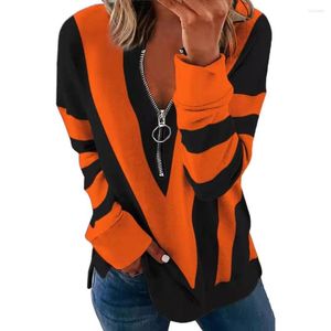 T-shirt da donna Stampa a righe Camicia casual da donna Scollo a V Cerniera Maglie a manica lunga larghe Moda Sexy Autunno Inverno Abbigliamento Top De