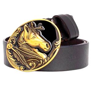 Belts Golden Horse Head Buckle Belt Cowskin Leather Steed Fashion Western Cowboy Style Waistband For Men Women Gift 230220