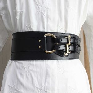Belts Double Buckle Pins Wide Corset Strap For Women Multicolors Cow Leather Suit Jacket Dress Sweater Waistband Cowhide Cinture Belt J230220