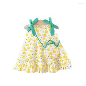 Mädchen Kleider Baby Sommer Prinzessin Kleid Koreanische Nette Schleife Zitronendruck Ärmellose Baumwolle Kleine Mädchen Senden Umhängetasche Geborene Kleidung