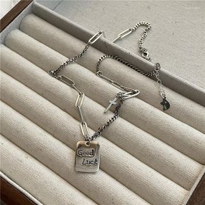 Chains Korean Style S925 Sterling Silver Vintage Square Plate Necklace Women's Special-Interest Design Thai Cross Sweater Chain