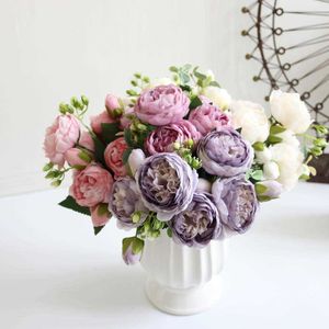 Decorative Flowers Wreaths 30cm Rose Pink Silk Bouquet Peony Artificial Flowers 5 Big Heads 4 Small Bud Bride Wedding Home Decoration Fake Flowers Faux T230217