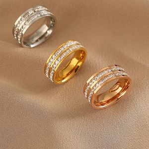 Exquisite Thin Titanium Steel Rings Luxury Cubic Zircon Crystal Diamond Rose Gold Silver Women Ring Engagement Wedding Party Jewelry Birthday Gift