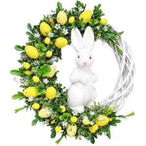 Dekorative Blumenkränze 2023 Osterhasen-Blumenkranz Haustürdekorationen Frohe Ostern Kaninchen Wandbehang Kranz Home Party Girlande Festival Dekor R230220