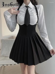 Kadın bluzları insgoth gotik uzun kollu gömlek beyaz zarif ofis seksi yaka düğmesi punk üst Kore moda y2k alt kız kin estetik