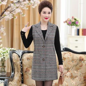 Women's Vests Classic Plaid Women Long Blazer Vest Elegant Office Lady Coat Female Waistcoat Causal Suits Sleeveless Jacket 4XL 5XL