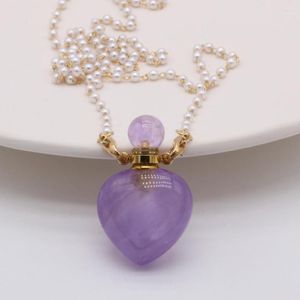 Pendant Necklaces Natural Stone Crystal Perfume Bottle Necklace Heart Rose Pink Quartz Charms Pearl Bead Chain Exquisite Jewelry