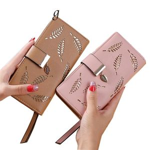 Women Wallet Pu Leather Purse Female Long Wallet Gold Hollow Leaves Bagouch Pouch Pouch for Women Coin Preser Carders Clutch Wholcea1768