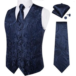 Herrvästar Navy Blue Gilet Homme Classic Business Men's Vest Silk Slips Cufflink Dress Set Fashion Party Waistcoat For Man Shirt