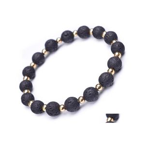 Braccialetti con ciondoli Distanziatore color oro Lava naturale per uomo Perline nere miste 8mm Pietra vulcanica Bracciale energetico Gioielli Consegna di goccia Dhhck