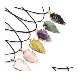 Pendant Necklaces Big Size Arrowhead Necklace Healing Natural Onxy Agates Amethysts Black Obsidian Purple Quartz Pink Crystal Jewelr Dhw0D