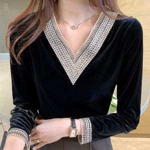 Kadınlar bluzları Blusas Mujer de Moda 2023 Kış Gömlek Kadınlar V yaka siyah kadife bluz Uzun Kollu Koreli Moda Kadın Giysileri Üstler Femme