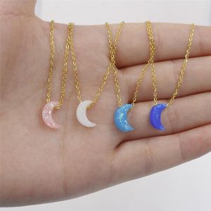 Pendant Necklaces Fire-Opal Crescent Moon Necklace White/Blue/Pink/Royal Half-moon With Opal Stone Layering Big Sister Birthday Gift