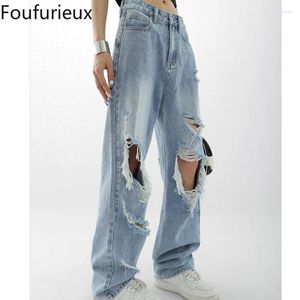 Men's Jeans Foufurieux Ripped For Men Fashion Low Waist Vintage Streetwear Blue Woman Straight Loose Y2K Denim Wide Leg