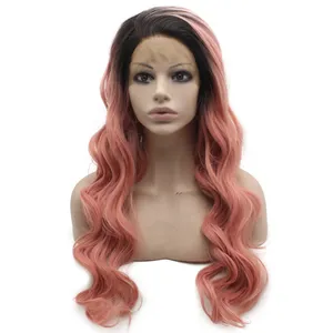 Long Wavy Raiz escura rosa rosa peruca rosa resistente a calor sintético Lace frontal peruca