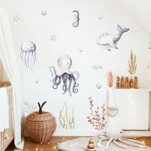 Väggdekor Cartoon Dolphin Ocean Animal Aquatic Plants akvarell Kids Sticker Vinyl Nursery Art Decals for Babys Boys Room Home 230220