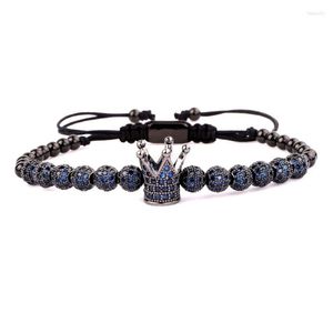 Strand Men Armband Luxury Blue Cz Zircon Ball Crown Manliga smycken handgjorda flätade makrampärlor