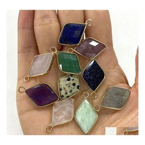 Charms 15X25Mm Natural Crystal Stone Rhombus Green Blue Rose Quartz Pendants Gold Edge Trendy For Necklace Earrings Jewelry Ffshop20 Dh837