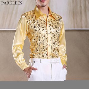 Men's Casual Shirts Shiny Gold Sequin Glitter Long Sleeve Shirt Men Fashion Nightclub Party Stage Disco Chorus Shirt for Men Chemise Homme 230220