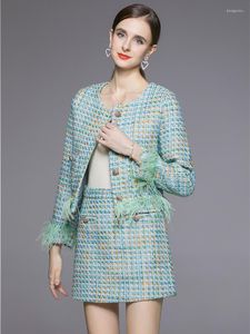 Vestidos de trabalho Autumn Winter Tweed Avestruz Feather All-Match Green Skur Skio