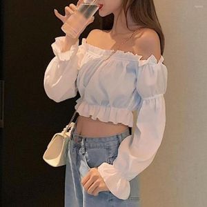 Women's Blouses Women Top Off Shoulder Navel Leakage Long Puff Sleeve Boat Neck Bandeau Pleated Casual Summer Tube Shirt Club Wear