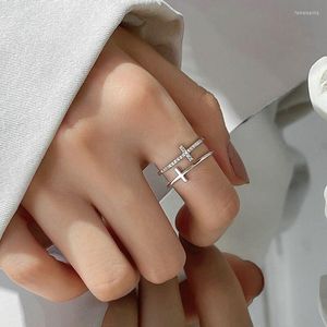 Cluster Ringe Mode Doppelschicht Kreuz Offene Gold Silber Farbe Zirkonia Einstellbare Finger Für Frauen Bling Koreanischen Schmuck