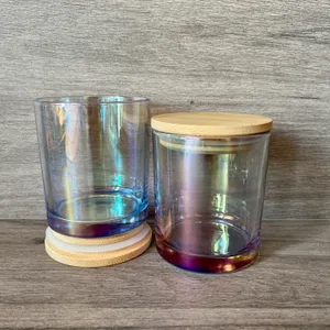 Velulador de vidro iridescente de 11 onças com tampa de bambu em branco garrafa de água Diy Candle Jar ups