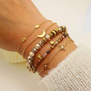 Link Armbänder Anebayh Design Vintage Brauner Perlenkette Goldene Metallmondblume runde Charmeketten Set für Frauen