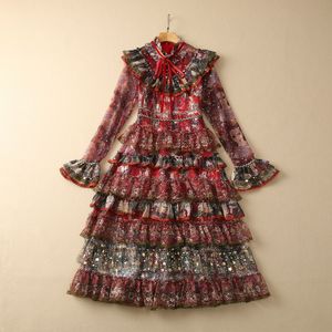 2023 Spring Red Stars Printed Tulle Ribbon Tie Bow Dress Long Sleeve Stand Collar Panelled Tiered Midi Casual Dresses S3F131623 Plus Size XXL