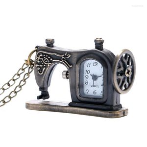 Taschenuhren Retro Bronze Nähmaschine Thema Quarz Cooles Design Taschenuhr Anhänger Halskette Kette für Frauen Kinder Geschenk