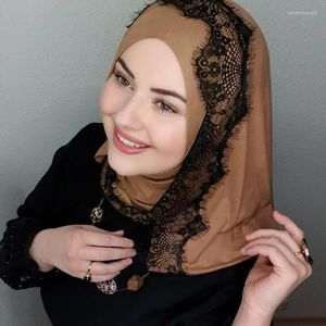 Ethnic Clothing Viscose Cotton Scarf Hijab Shawl With Embroidered Lace Muslim Women Head Wrap Fashion Islamic Headband 180X90CM