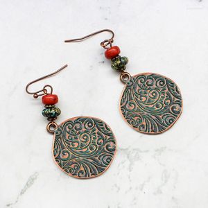 Dangle Earrings Round Totem Pattern Red Wooden Beads Colored Natural Stones Retro Bronze Pendants