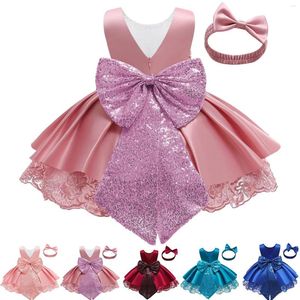 Flickklänningar Baby Girls Princess Toddler Kids Ruffle Lace Brodery Sequin Bowknot Dress Evening Formal Pageant Vestidos Headwear