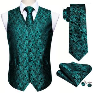 Mäns västar Teal Blue Silk Vest Waistcoat Men Slim Suit Paisley Slyckig handduk Manschettknappar Bind Business Barry.Wang Design