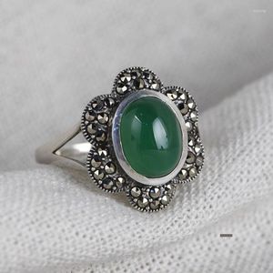 Cluster Rings FNJ 925 Silver Ring For Women Jewelry Original Pure S925 Sterling Green Agate Stone MARCASITE