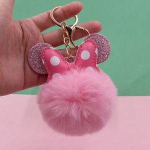 Cute Pompom Key Chains Jewelry Accessories Polka Dot Bow Mouse Design Fluffy Faux Rabbit Fur Ball Keychains Women Girls Car School Bag Key Rings Charm Keyrings Gifts