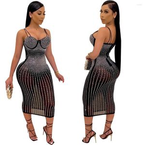 Casual Dresses Mesh Se om Rhinestones kastar V-ringning Midi Bodycon Dress for Women Sexig Club Party Pencil Vestidos