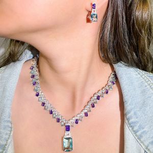 Set di gioielli da sposa CWWZircons Beautiful Purple Blue Cubic Zircon Crystal Dangle Drop Collana da sposa da sposa Set di gioielli da festa per le donne T605 230217