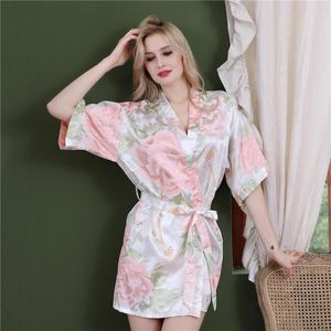 Pijama feminino Mulheres cetim verão rosa quimono cardigan roupão vestido de seda de seda