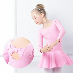 Abbigliamento da palcoscenico Body da balletto in cotone Abito per ragazze Dolce rosa con apertura sul cavallo Costume da ballo per bambini con fiocco grande