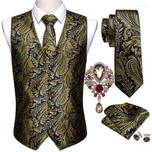 Mäns västar 5st Barry.Wang Gold Paisley Wedding Vest For Men Suit Silk Slips Manschettknappar Broscher Set Formal Business