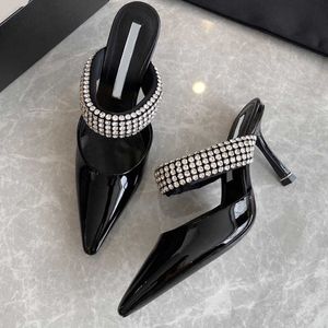 2023 design summer new style straight line with diamond pointed black Baotou sandals women wear fur high-heeled semi-slippers Shoe clearance