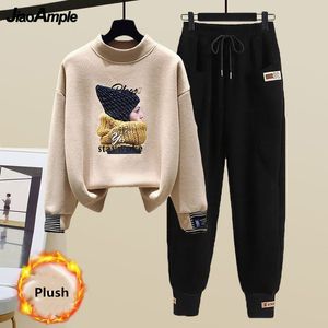 Women's Tracksuits Women's Fashion Plush Sweater Tracksuits 2 Piece Set Winter Warm Loose Fake Two-piece Pullover Top Pants Sportswear Suit 230220