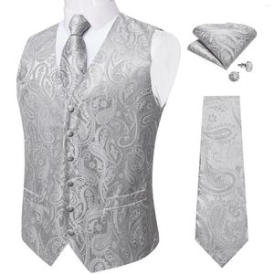 Men's Vests Fashion Gray Men's Vest For Wedding Luxury Silk Necktie Pocket Square Cufflinks Set Sliver Gilet Homme Waistcoat Dress