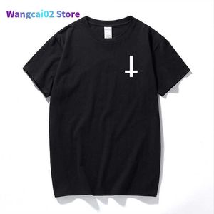 Camisetas masculinas novas moda Satanás de cabeça para baixo Cross engraçado camiseta de algodão curta Camiseta adoração Satanás Camiseta Plus Size Men 022023h