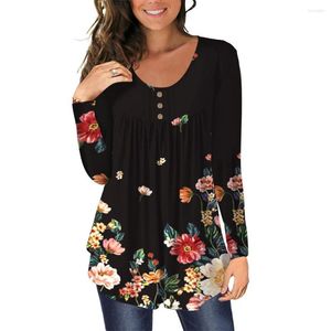 Camisetas femininas T-shirt feminina T-shirt Floral Print Sleeves Long Sleeves Camisa plissada Tops Flowy Ladies Elegant Casual